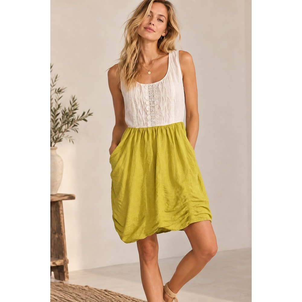 Maeve Anthropologie Women Dress Colorblock Lace Smocked Cotton Yellow White 12